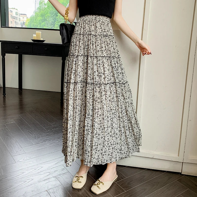 Korean Fashion Women Boho Floral Print Elastic High Waist Pleated A Line Maxi Skirts Summer Holiday Black Apricot Skirts Female
