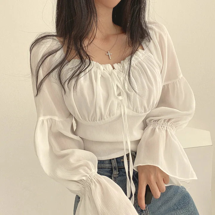 Women Chiffon Blouse Summer Shirt Square Collar Folds Lace Up Waist Tops Korean Fashion Flare Sleeve Elegant Blouses Femme