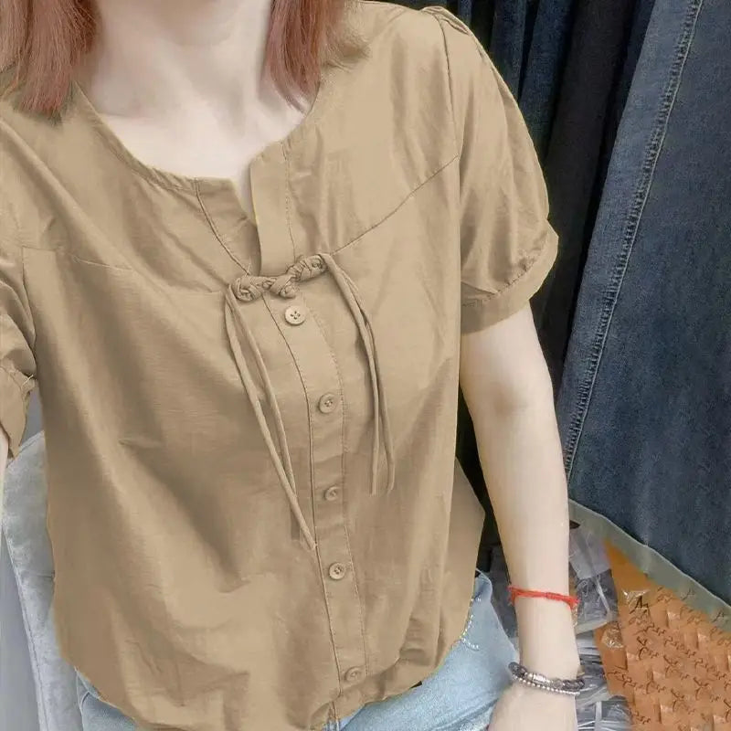 Summer New Cotton Chinese Style Drawstring Short Sleeved Shirt Women's Solid Round Neck Thin Button Waist Collection Loose Top
