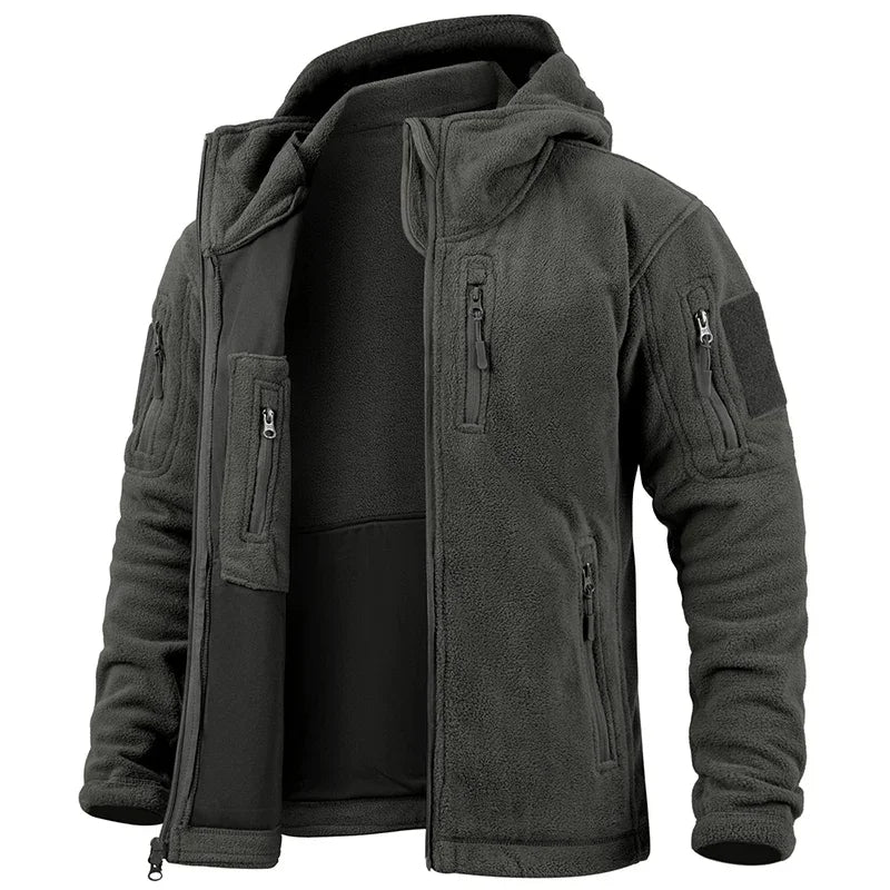 Men's Hunting Fleece Jacket Hiking Hunting Outdoor Fleece Tactical Jacket Winter Warm Full Zip Military Hoodies Multi-Pockets