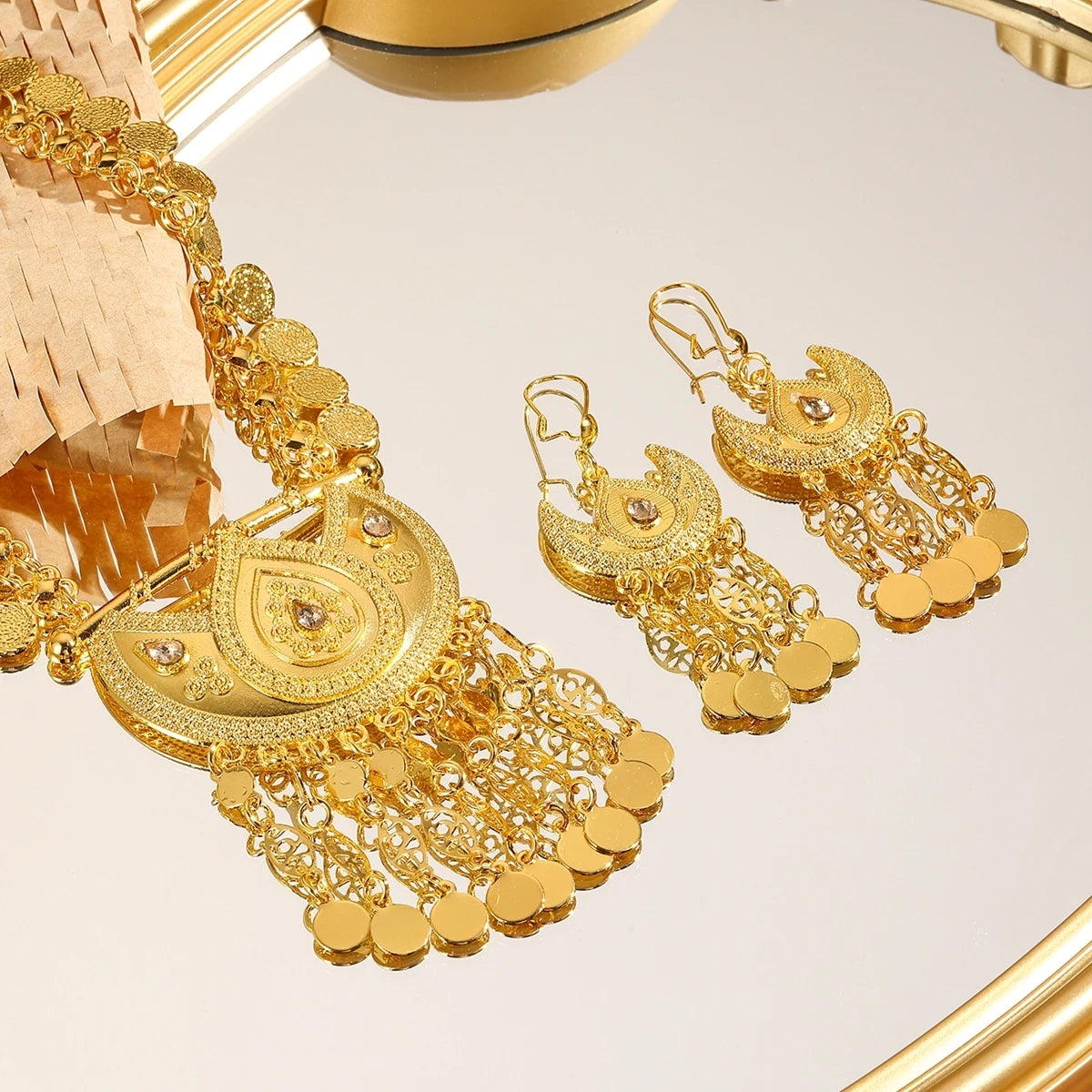 Women Arab Ethnic Golden Coins Crystal Moon Shape Necklace Earrings Wedding Jewelry Set