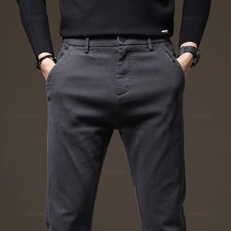 Autumn Winter High Quality Pants Men Elastic Waist Slim Coffee Twill Brand Clothing Thick Cargo Trousers Male Plus Size 28-38