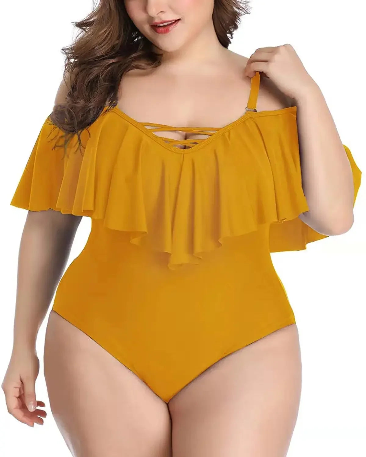 Solid Bikini Lotus Leaf Women Plus Size Swimsuit One Piece Swimwear Swimming New