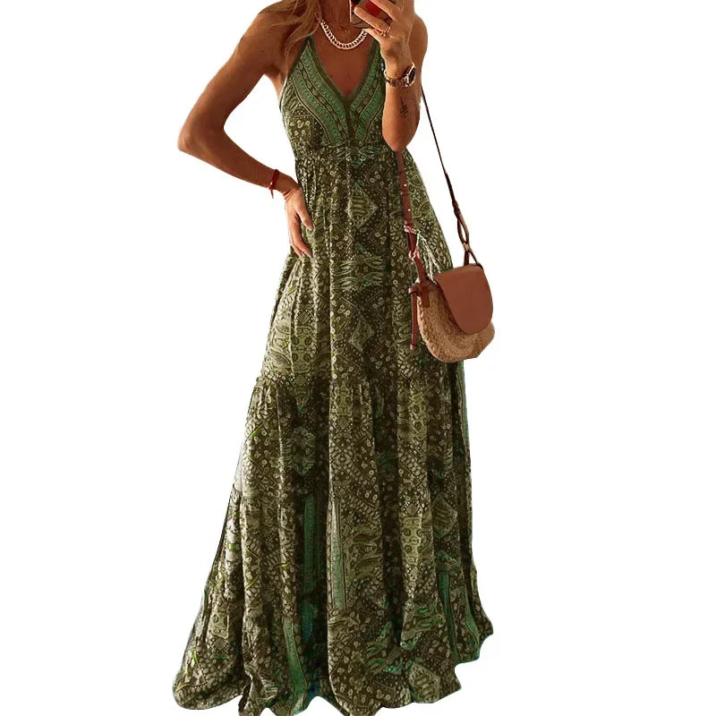 Vintage Printed Bohemian Women V-Neck Party Long Dresses Beach Elegant Sleeveless Spaghetti Strap Sexy Maxi Sundress