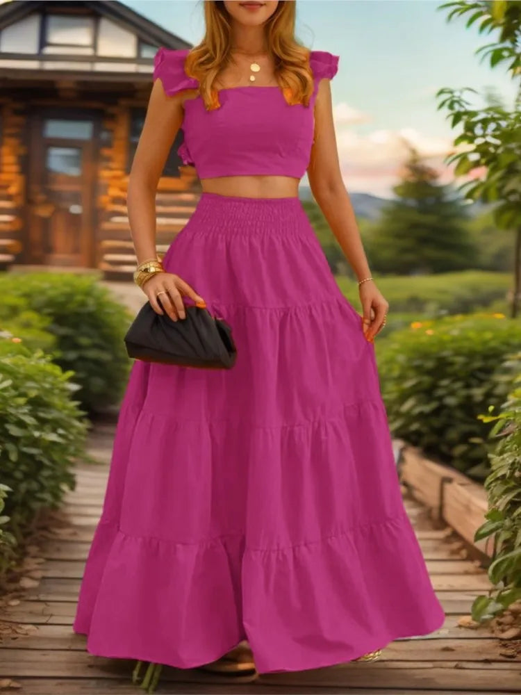 Y2k Two Piece Set Woman Clothing Spring/Summer New Elegant Sexy Collage Sleeveless Top and Longuette Skirt Suits Female 2Pcs Set