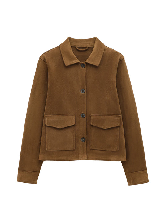 TRAF Women's Suede Texture Jacket 2025 Fashion Long Sleeve Cropped Coats Women Casual New In Outerwear