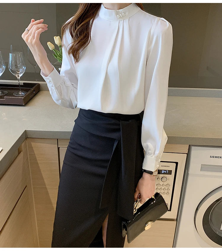 Spring Autumn Satin Women's Blouses 2025 New Long Sleeve Beading Solid Stand Collar Workwear Office Lady Elegant Shirt Female