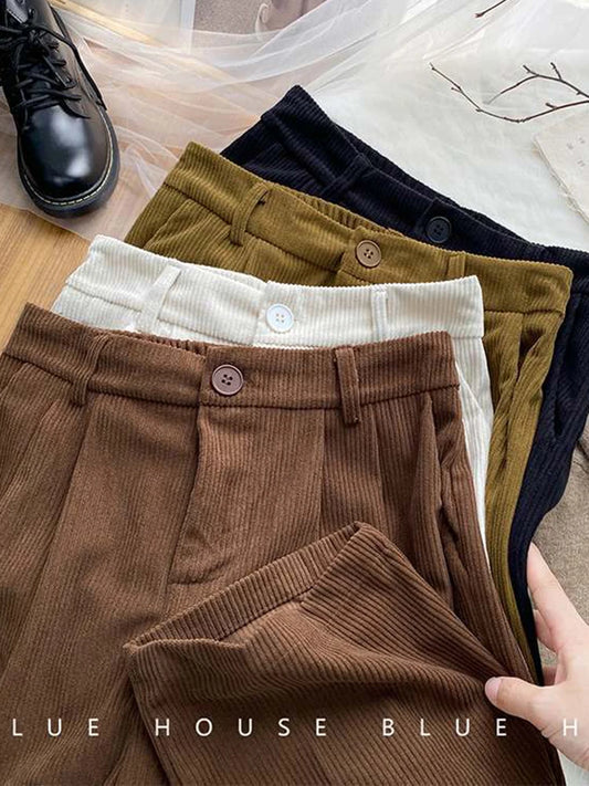 High Waist Women Retro Corduroy Pants Fall Straight Causal Full Length Trousers Vintage Coffee Pockets All Match Pants New