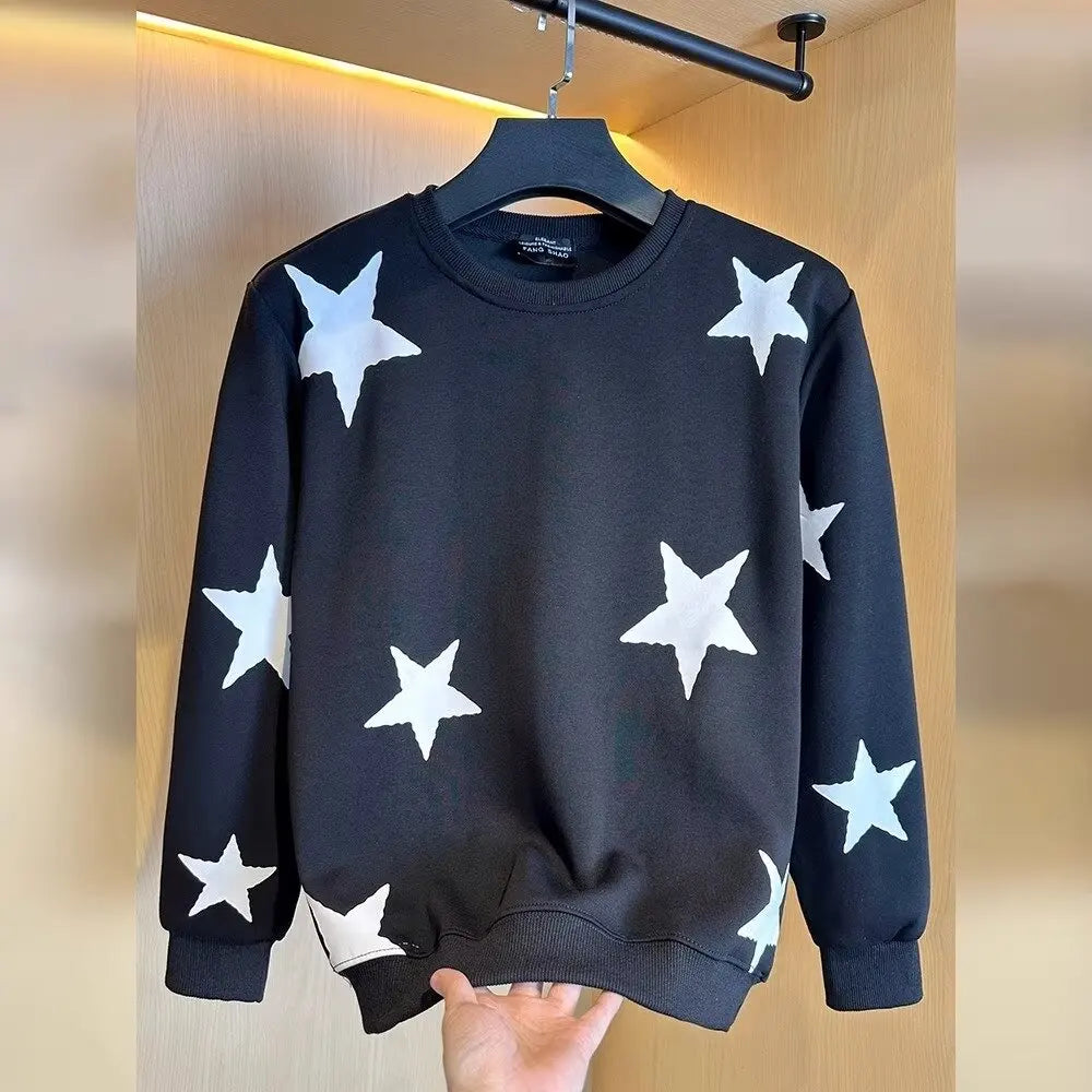 Autumn Harajuku Men Sweatshirts Black Long Sleeved T-shirt Men Clothes Stars Graphic top Crewneck for Men Streetwear 2024