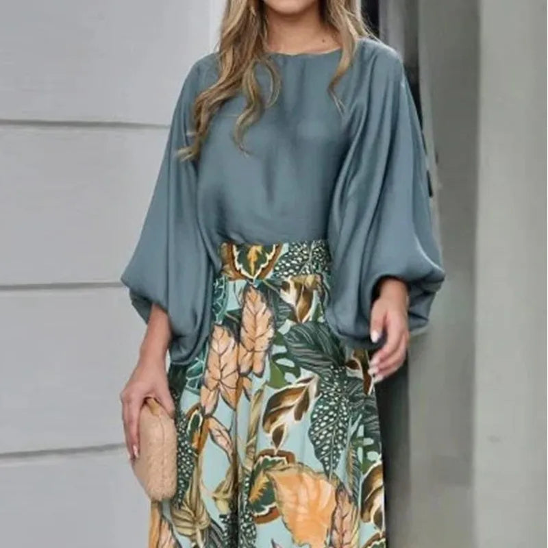 Women's Clothing Set Lantern Sleeves Loose Top Printed Wide Leg Pants Two Piece Set