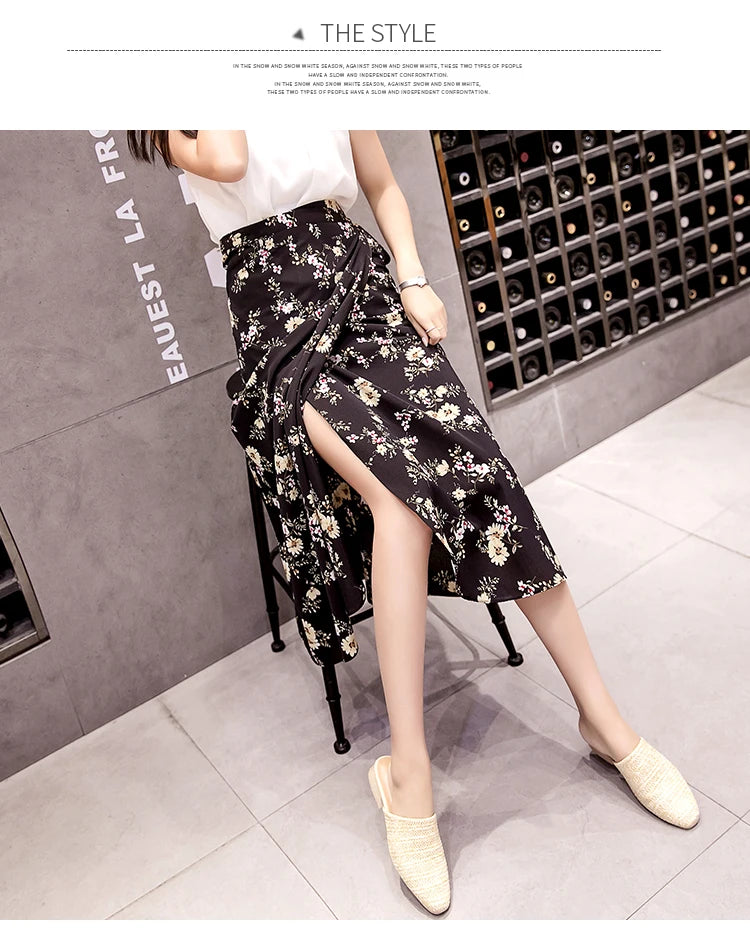 High Waist Long Skirt Wrap Dress Asymmetrical Hem Chiffon Floral Print Belted Midi Skirt for Short Women Summer Dress