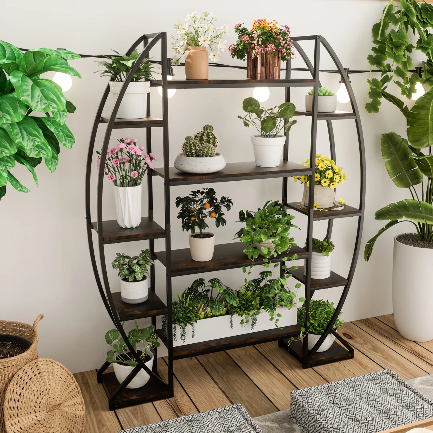Half-Moon Shape Plant Stand Bookshelf, Multiiter Ladder, Garden Flower Rack for Home Patio Garden , Industrial Style