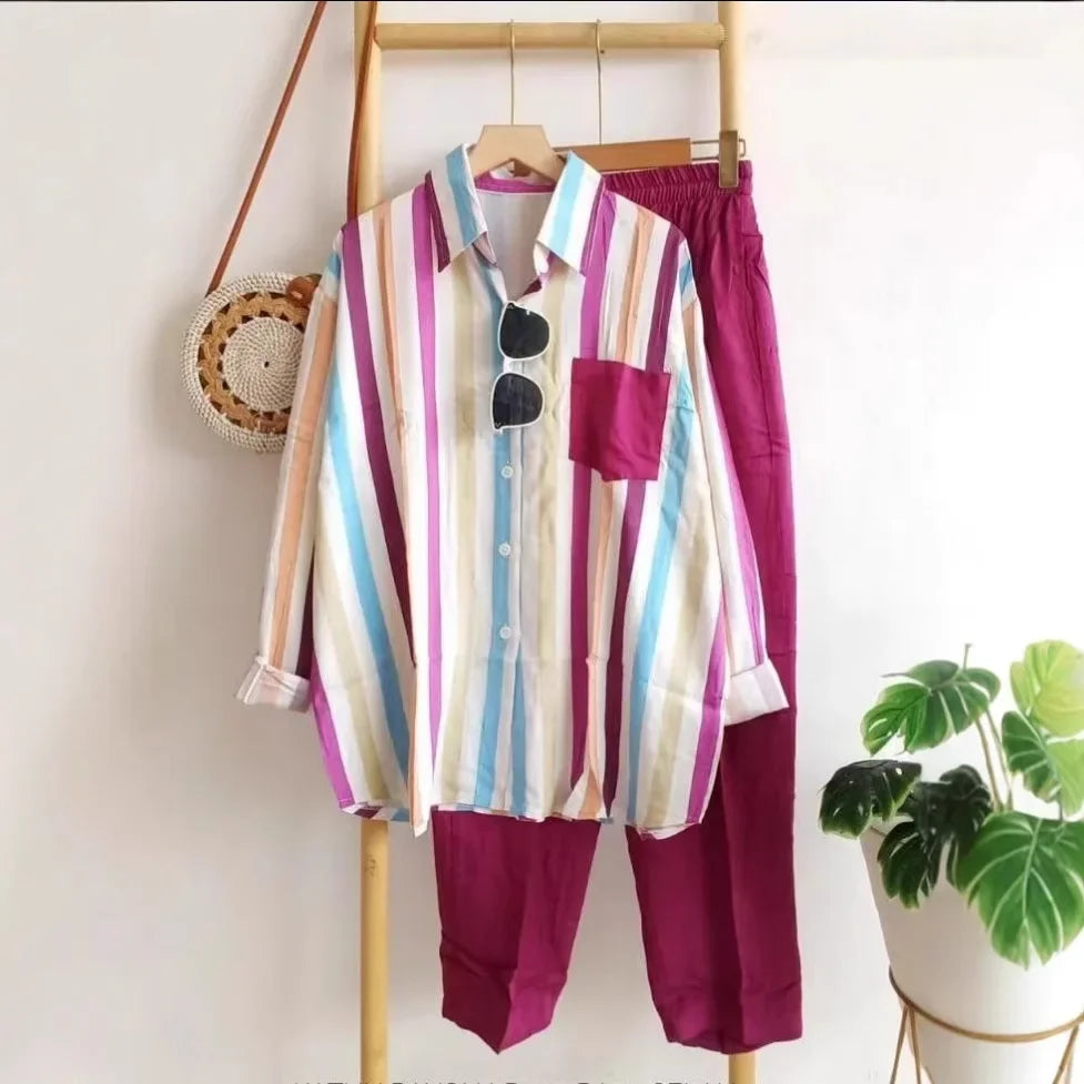 2024 Summer New Fashion Loose-Fit Slimming Casual Striped Two-Piece Suit Women's Comfortable Black Pink Red Short Skirt Set