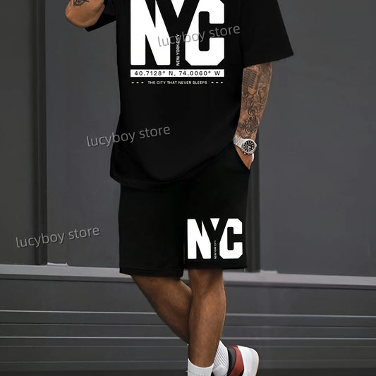 NC NEW YORK Letter Printed Sport T-shirt+shorts Suit Set Men Male Luxury Tracksuit Outfit Runing Oversized 2 Piece Set Clothes