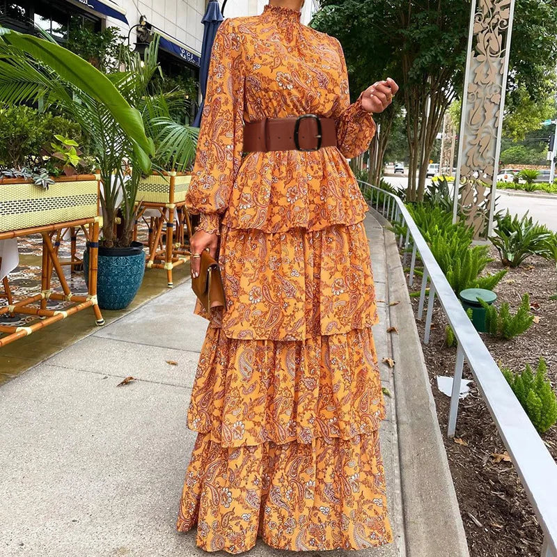 Summer Long Dress Women Stand Collar Fashion Designer Long Sleeve Print Ruffles Vintage High Waist Dresses with Belt