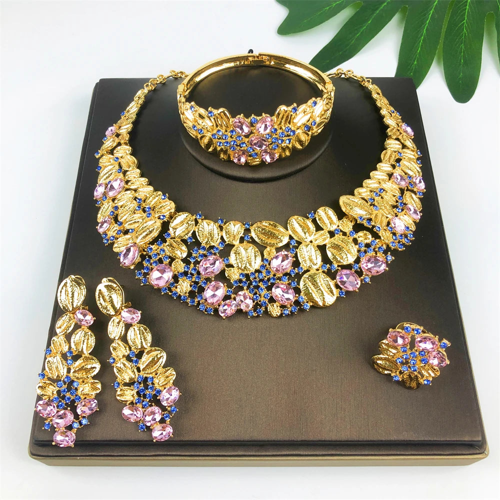 Women Luxury Design Vintage Opal Jewelry Set Necklace Earrings Bracelet And Ring 18K Gold Plated Dubai Jewelry