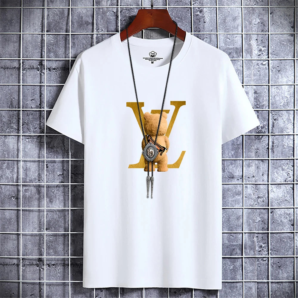 Summer Men's Luxury Casual T-Shirt Retro Y2k Designer Short Sleeve Tees Male Vintage Cotton Trendy High Quality Bear Print Tops