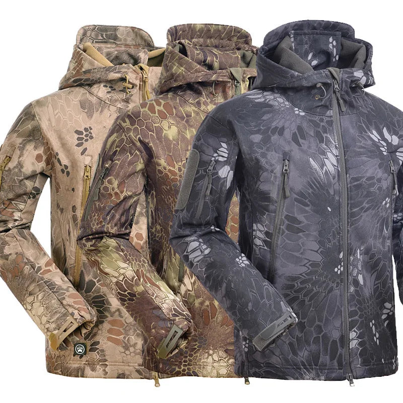 Men's Soft Shell Camouflage Tactical Jacket Men Waterproof Fleece Lined Coat Hooded Outdoor Hiking Hunting Clothes