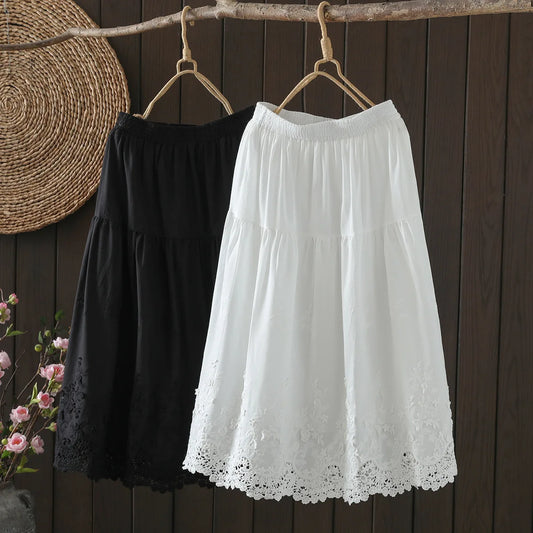 New Spring Cotton Lace Skirt Women A-Line Elastic Waist Elegant Skirt Girl Appear Thin Commute Casual Skirt 2024 Summer B44341QC