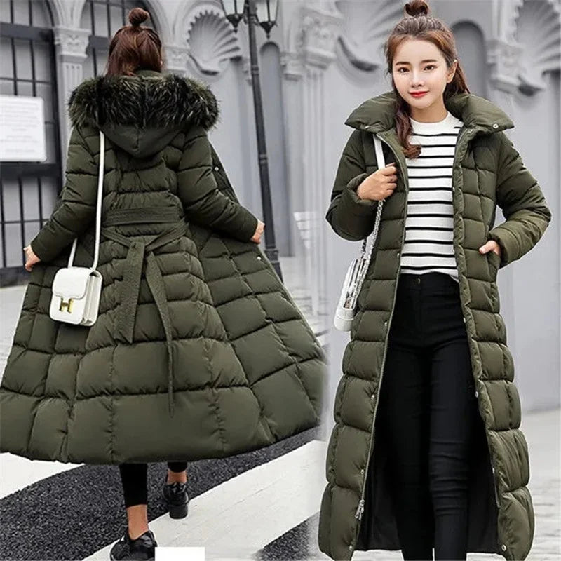 Women Parkas Fur Collar Hooded Cotton Padded Long Coat Jackets