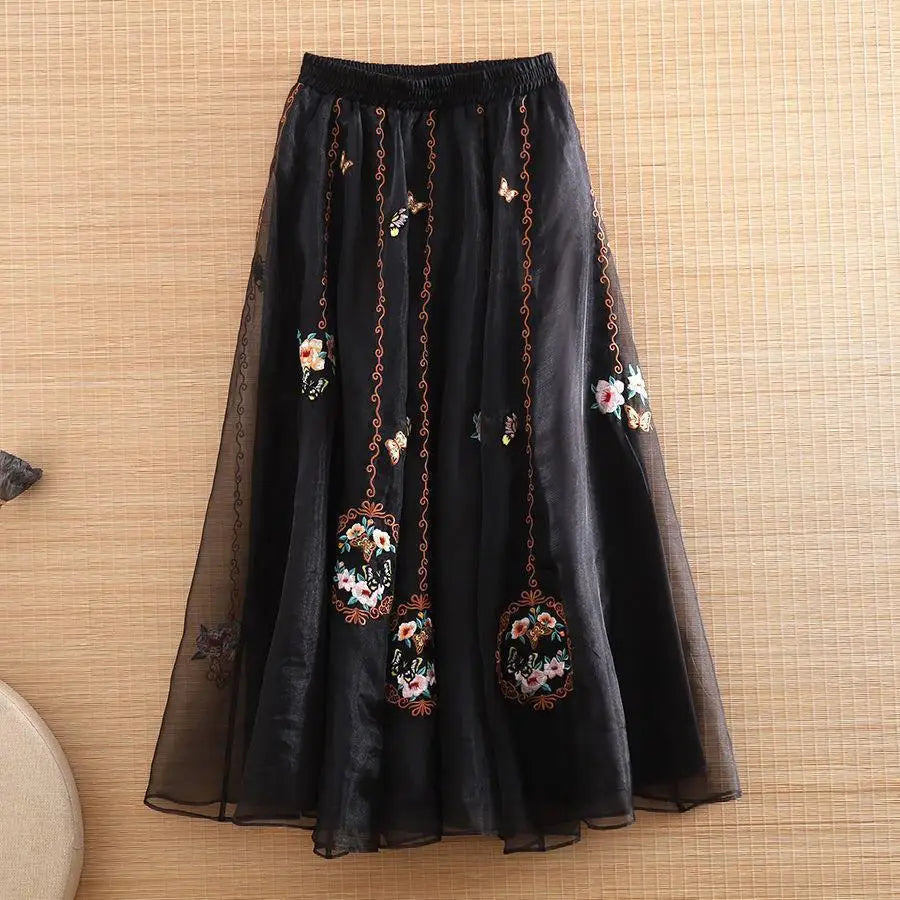 New Chinese Retro 2025 Autumn New Embroidered Mid-length A-line Skirt