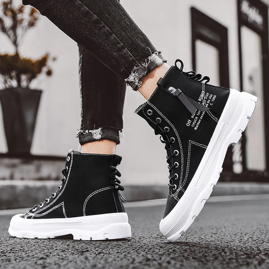 Men Casual High Top Sneakers Platform Skateboard Shoes Lace Up Ankle Boots Outdoor Comfortable Cool Canvas Shoes For Male 39-44