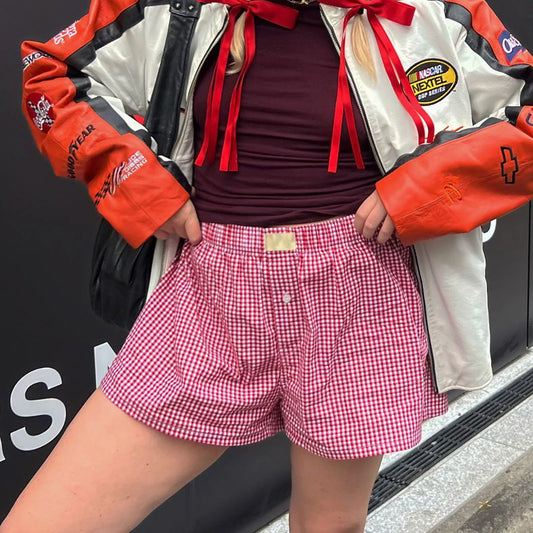 Women’s Y2K Retro Cleanfit Plaid Print Elastic Low Waist Button Front Aesthetic Loungewear Loose Shorts Boxers Streetwear