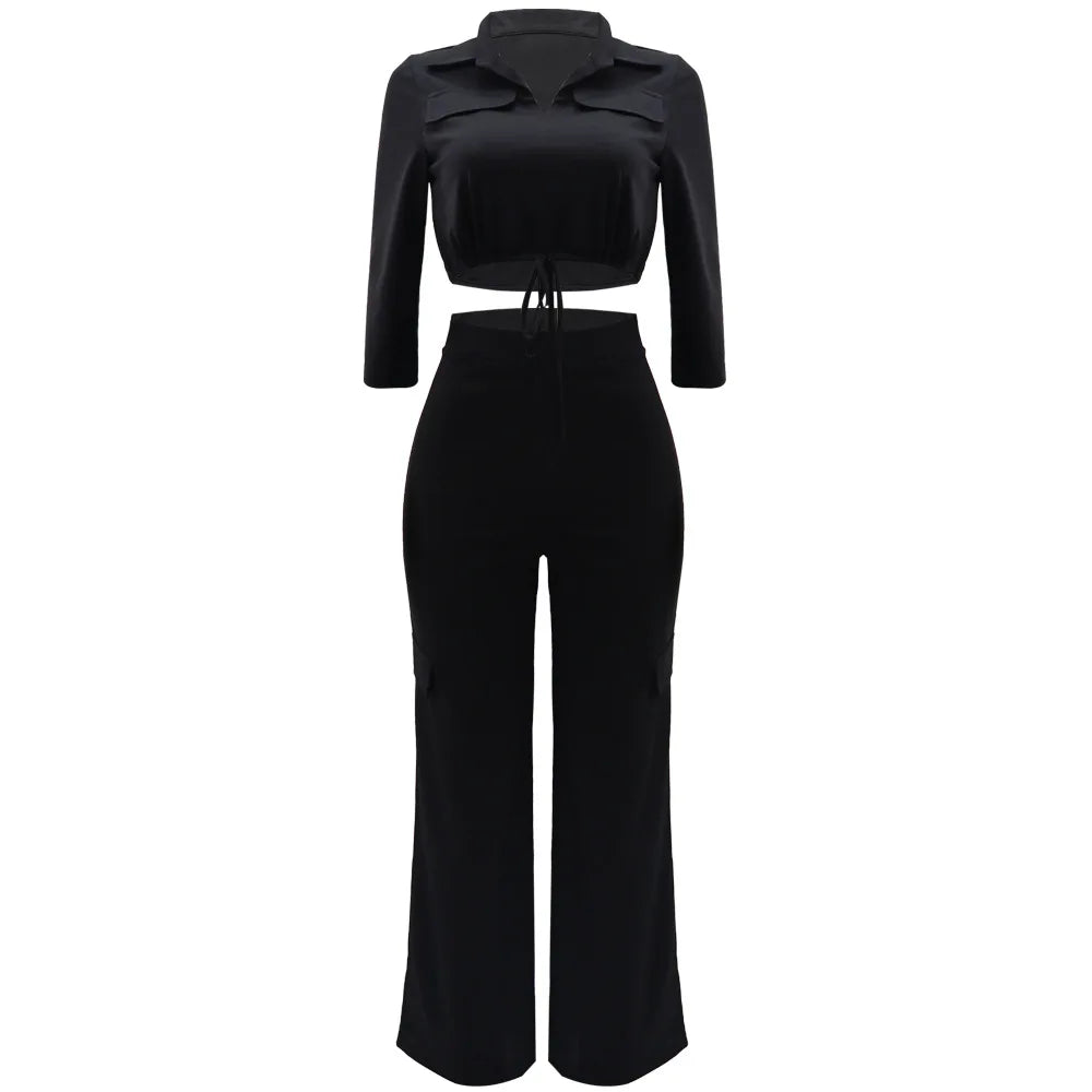 Elegant Office Women Two Piece Short Shirt + Wide Leg Trousers Set