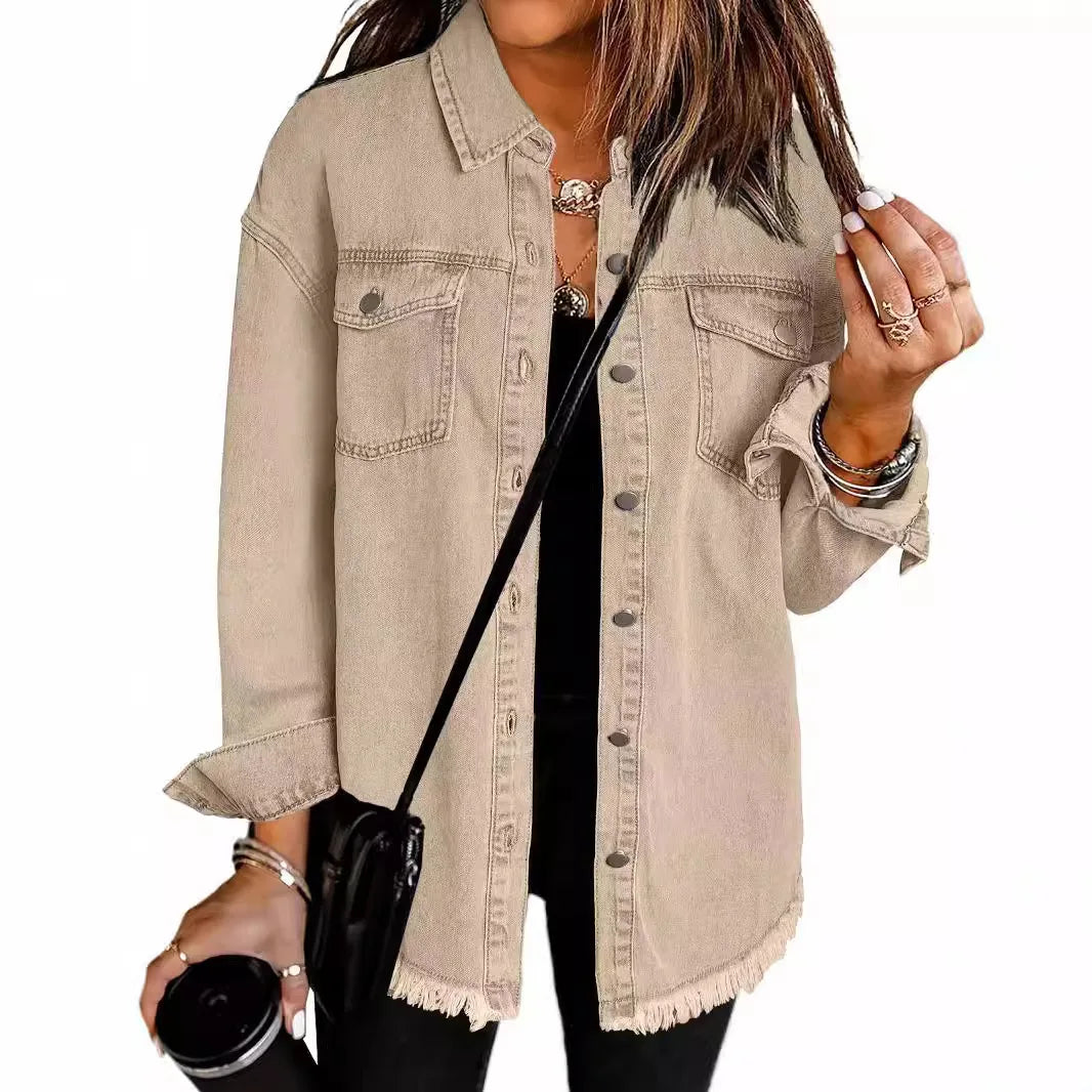 Women Denim Shirt Turn Down Collar Streetwear Open Stitch Single Breasted Casual Loose Jackets