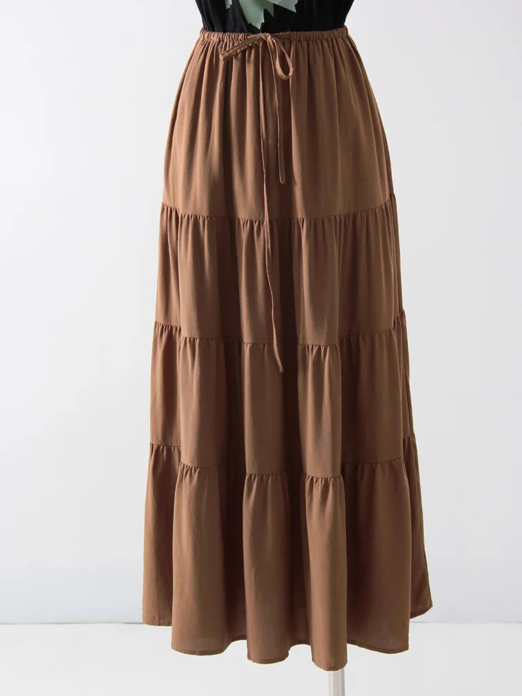Brown Long Skirt Women Summer Cotton Ruffle Floral Skirt Woman Luxury Green Tie Up Loose White Women Long Skirts High Waisted