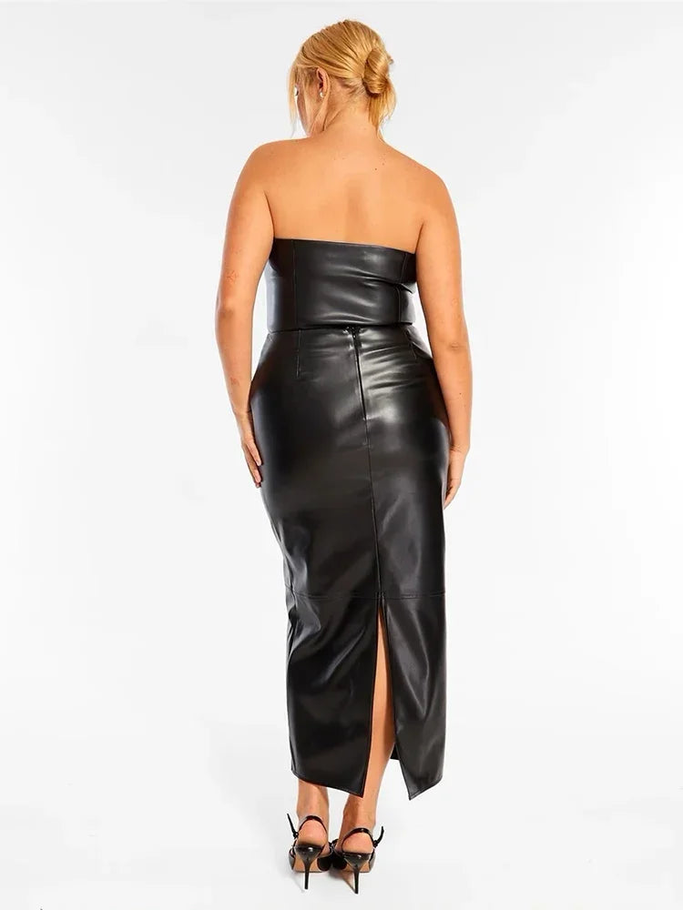 Women Plus Size Sexy Matte Leather High Waist Stretch Hem Split Midi Skirt 8XL 9XL Ladies V Neck Straight Skirts New Clubwear