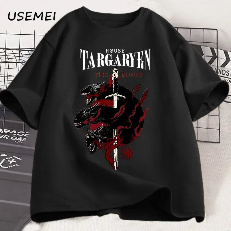 House Targaryen T Shirt Fire and Blood T-Shirt GOT Men Tshirt Cotton Fashion Short Sleeve Casual Printed Tee Shirt Streetwear