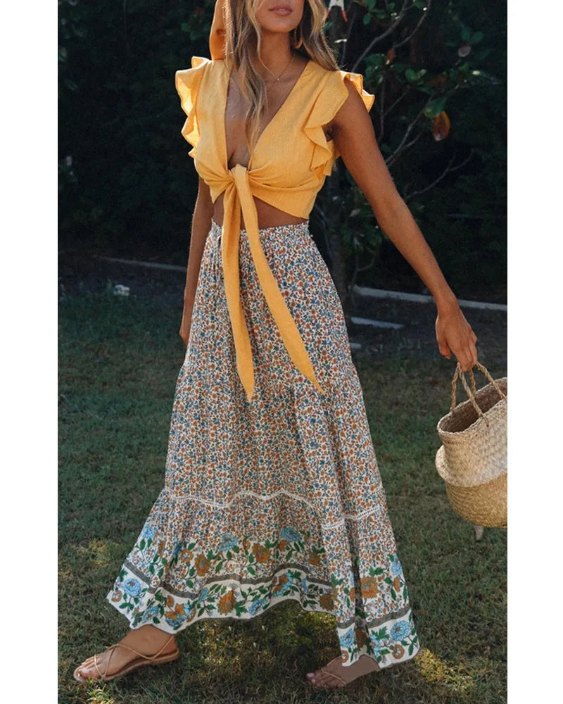 Vintage Floral Print Beach Boho Pleated Skirt For Women 2025 Summer Fashion Cotton High-waisted Maxi Skirts Femme Beach Skirt