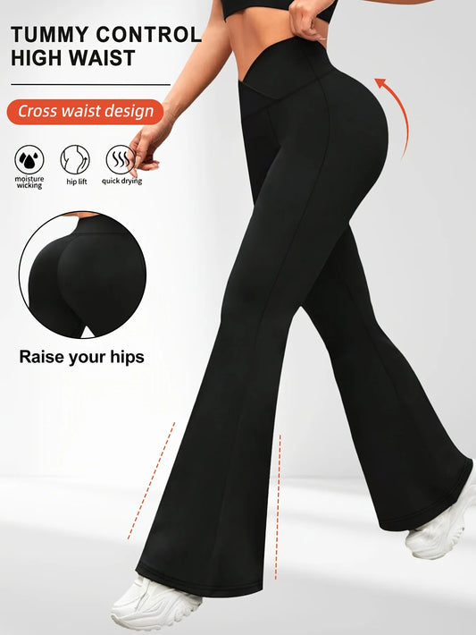 1 solid color high waisted bell bottom pants, sports yoga pants, spring and summer running and fitness bell bottom pants
