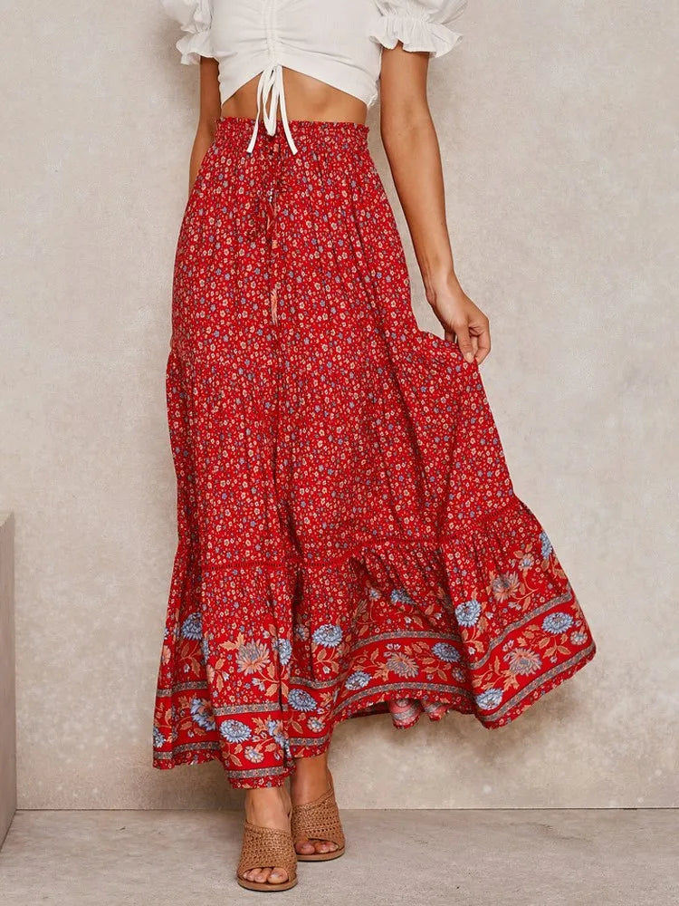 Vintage Floral Print Beach Boho Pleated Skirt For Women 2025 Summer Fashion Cotton High-waisted Maxi Skirts Femme Beach Skirt