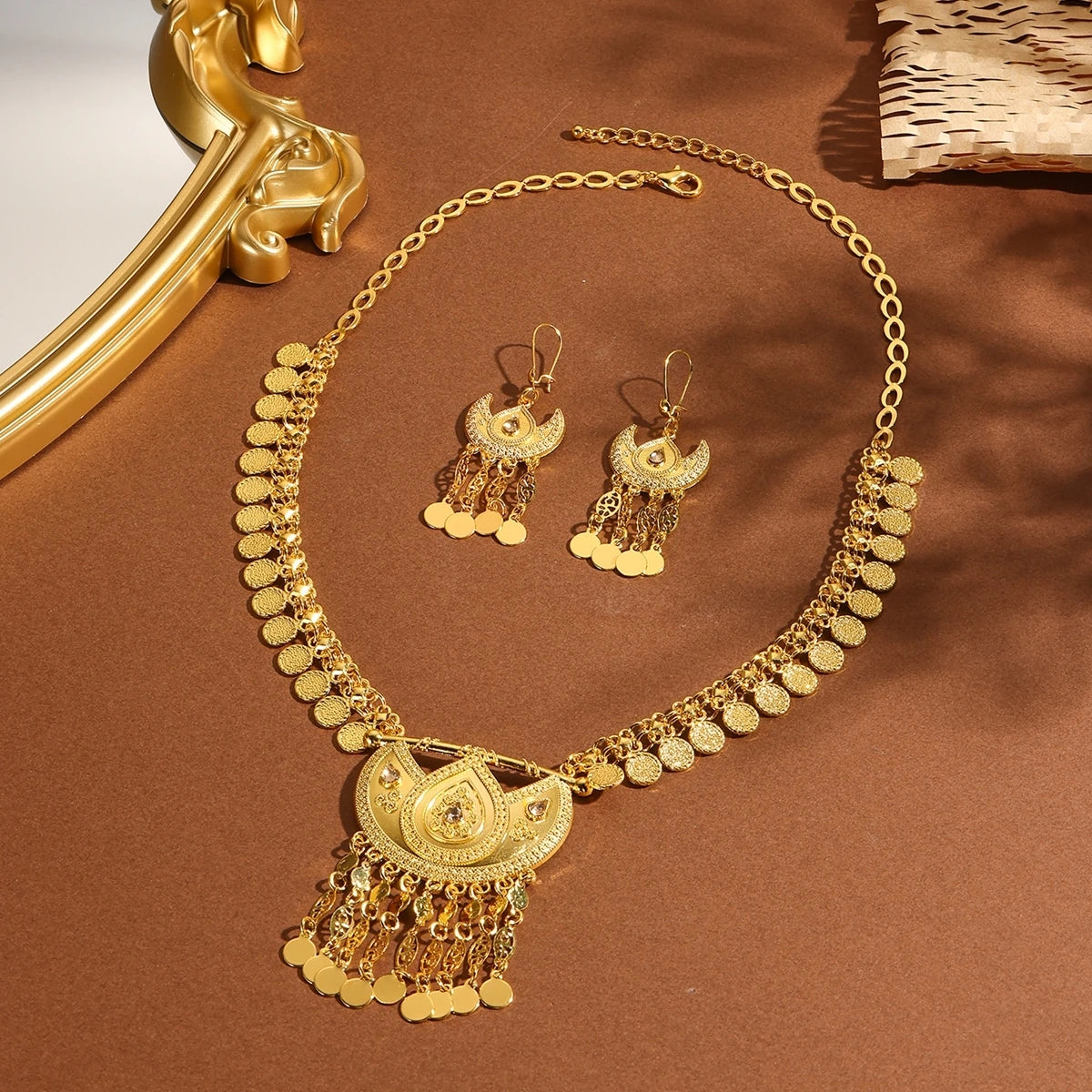 Women Arab Ethnic Golden Coins Crystal Moon Shape Necklace Earrings Wedding Jewelry Set