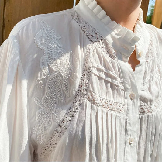 2025 Spring New Women's French White Shirt Splicing Lace Embroidery Design Ladies Shirt Long Sleeve Casual Holiday Beach Tops
