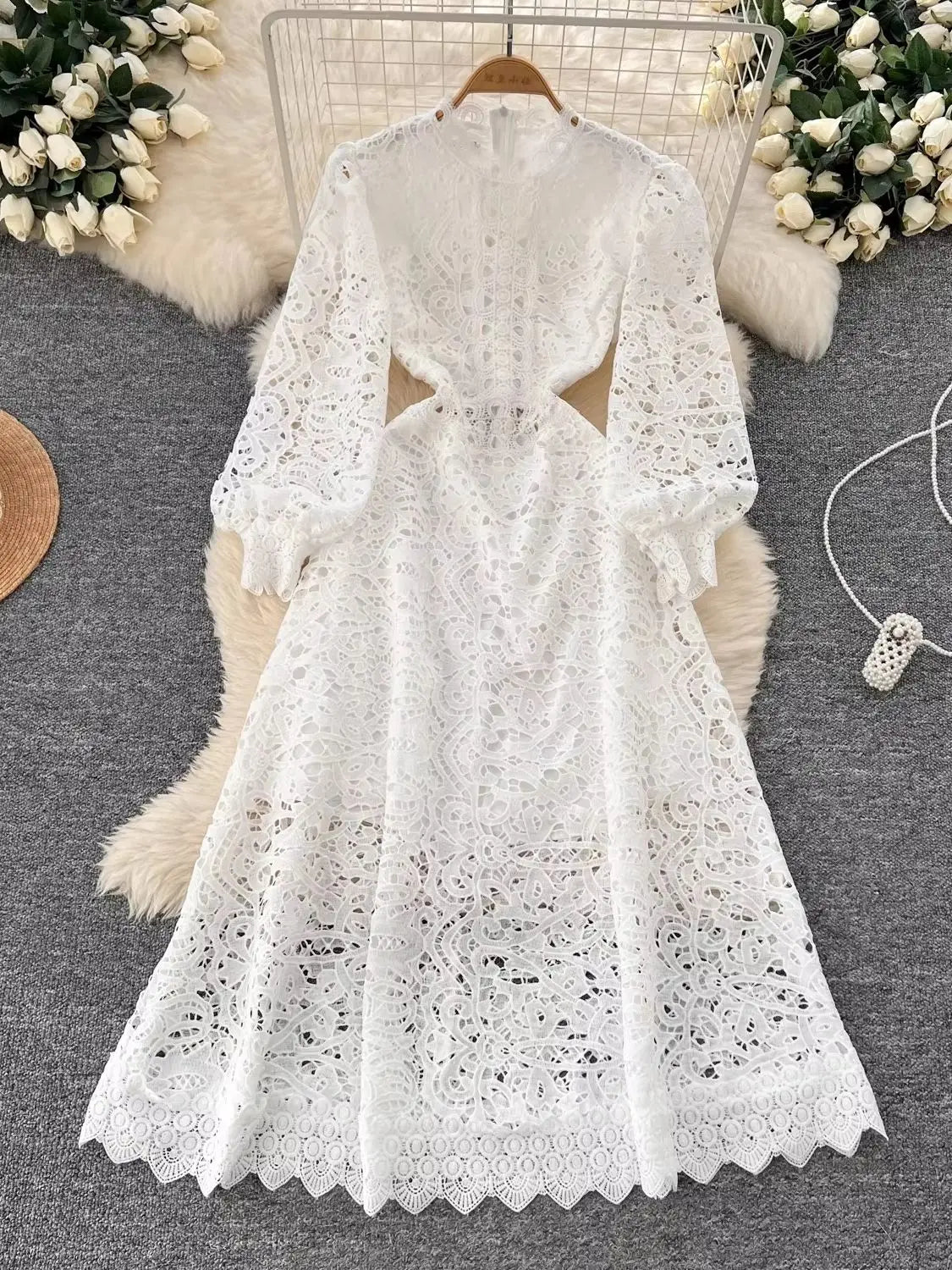 Autumn Vintage Embroidery Hollow Out Dresses Women's Stand Collar Long Sleeve Solid High Waist Elegant Wedding Party Vestidos