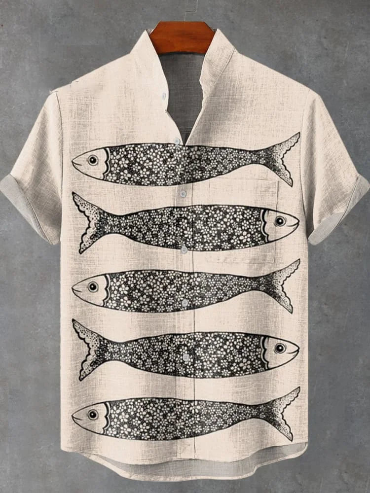 2025 men's new retro style fish pattern print men's casual linen comfortable fabric short sleeved shirt button top
