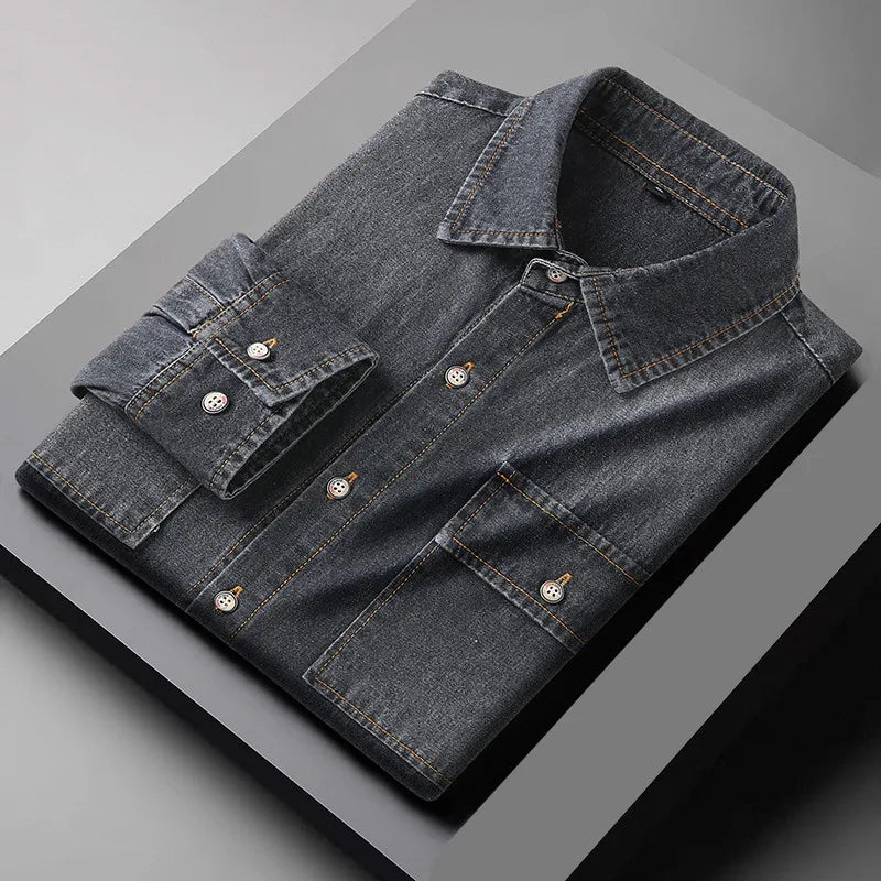 New Autumn Cotton Denim Shirts Men Slim Fit Smart Casual Solid Color Long Sleeve Mens Jeans Shirt Fashion Male Shirt Black Blu