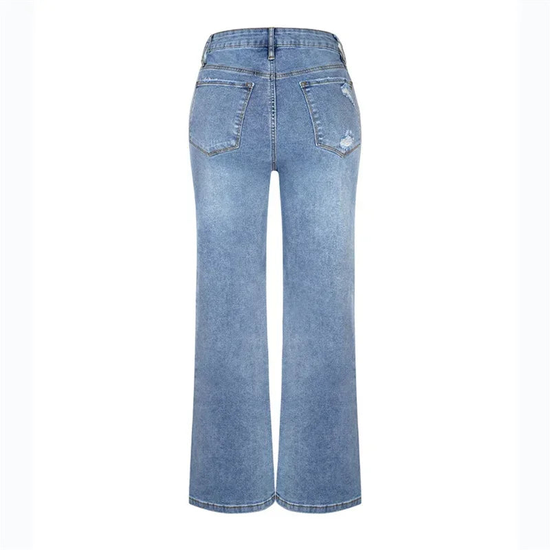 Fashion Back Pocket Broken Holes Straight Jeans Women High Waist Wide Leg Trousers Daily Comfortable Commuter Casual Denim Pants