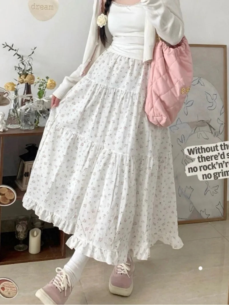 Floral A-Line Skirt for Women Summer 2024 Mid-Calf Length High Waisted Skirt Korean Streetwear Y2k Harajuku Skirt