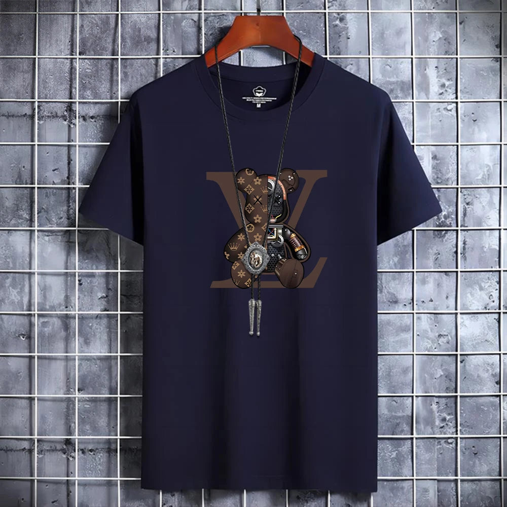 Summer Men's Luxury Casual T-Shirt Retro Y2k Designer Short Sleeve Tees Male Vintage Cotton Trendy High Quality Bear Print Tops