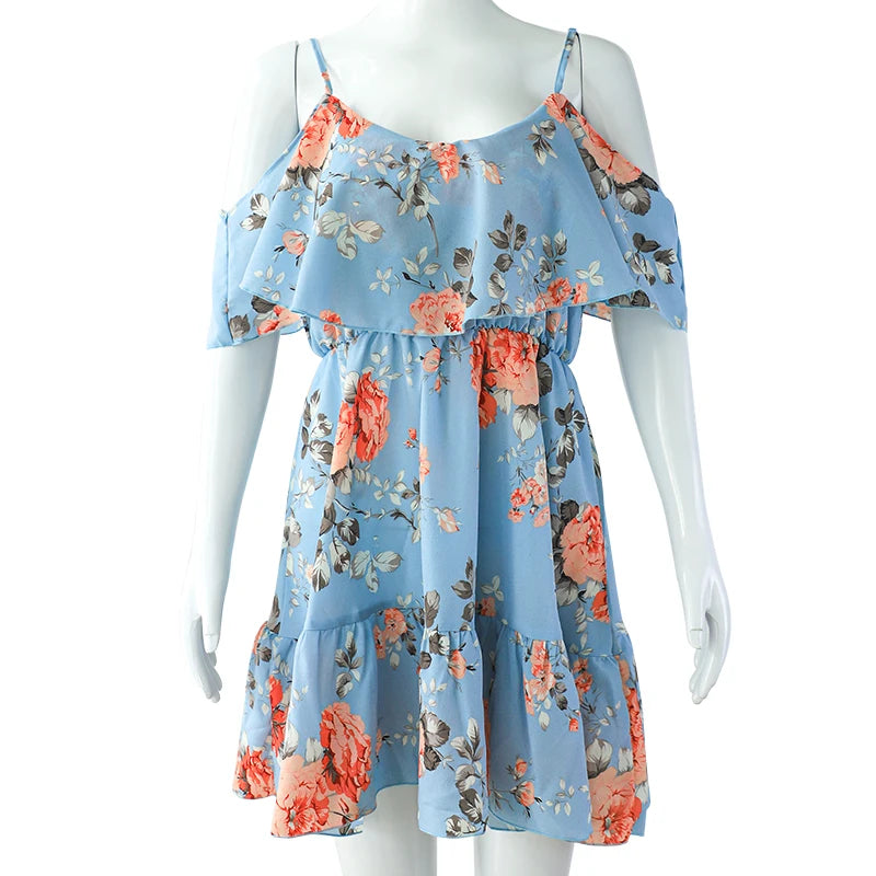 Printed Off Shoulder Beach Dress Women Ruffle Strap Vacation Summer Dress 2024 Woman Backless Floral Short Dresses Graduation