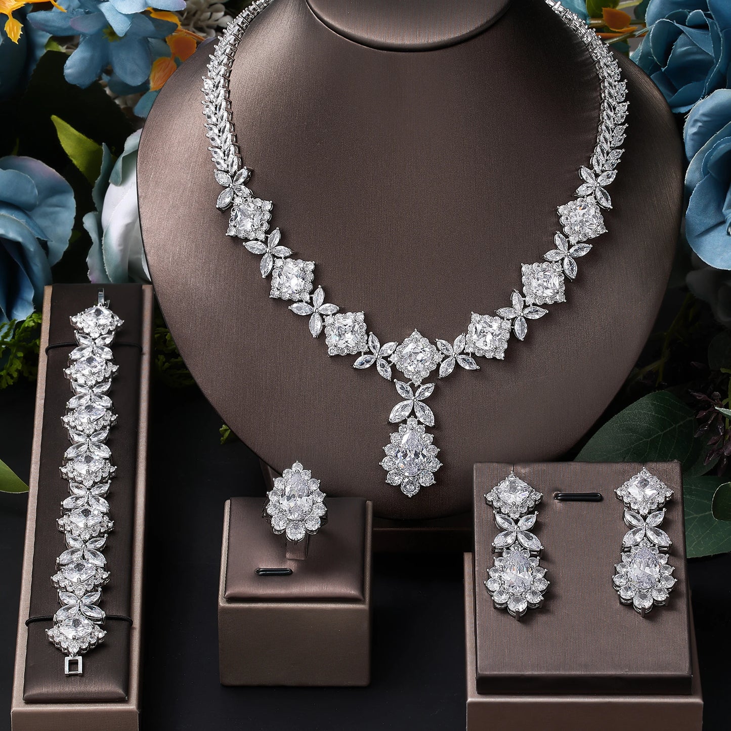 Cubic zirconia flower necklace earrings crystal luxury jewelry set