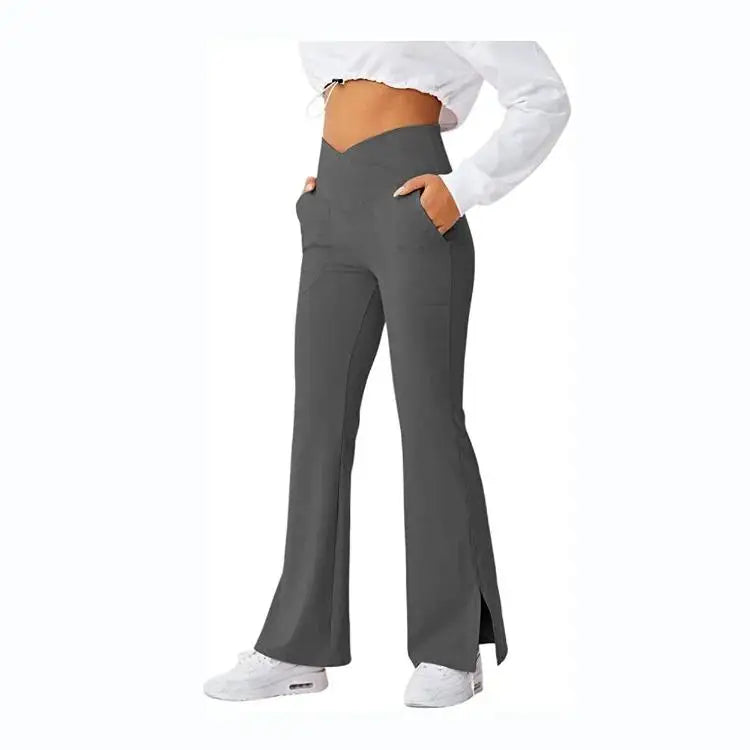 V-shaped Split Flared Pants Women Pockets Leggings Solid Color High Waist Casual Simple Style Pants Daily Office Elastic Legging