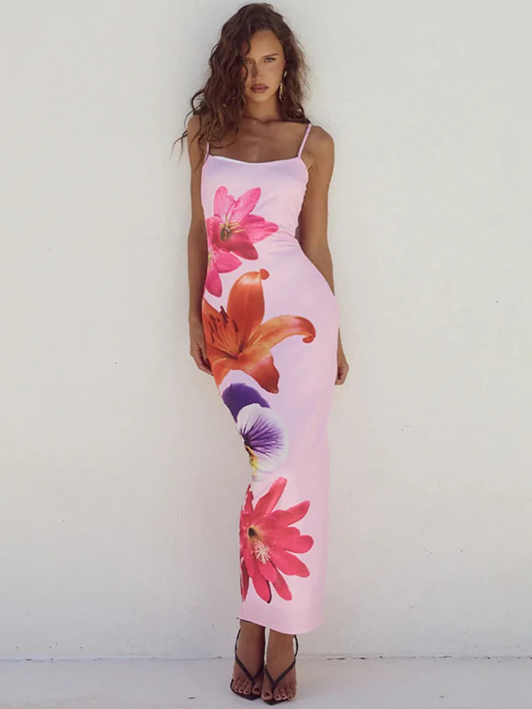 Women Floral Print Long Bodycon Strap Sleeveless Backless Midi Elegant Gown Summer Dress