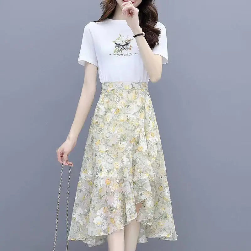 Fashion Printing Irregular Chiffon Skirt Women Summer Thin Slim Elegant Casual Loose All-match Fresh Women's Clothing Skirt
