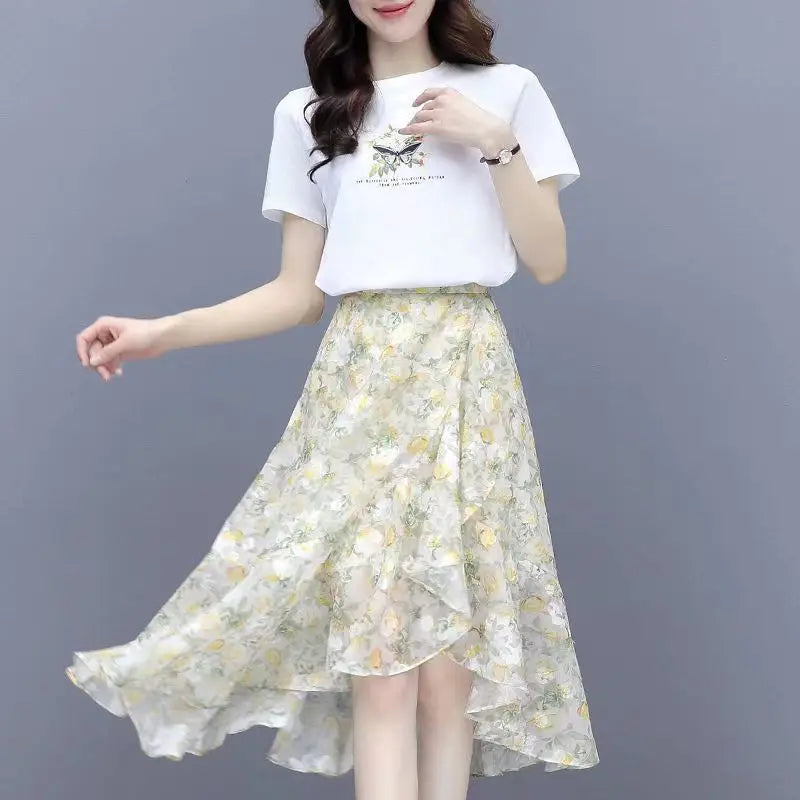 Fashion Printing Irregular Chiffon Skirt Women Summer Thin Slim Elegant Casual Loose All-match Fresh Women's Clothing Skirt