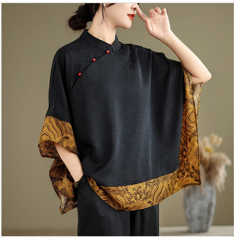 Mulberry Silk Chinese Style T-shirt for Women Spring Summer Fashion Vintage Patchwork Half Sleeve Cloud Embroidery Female Blouse